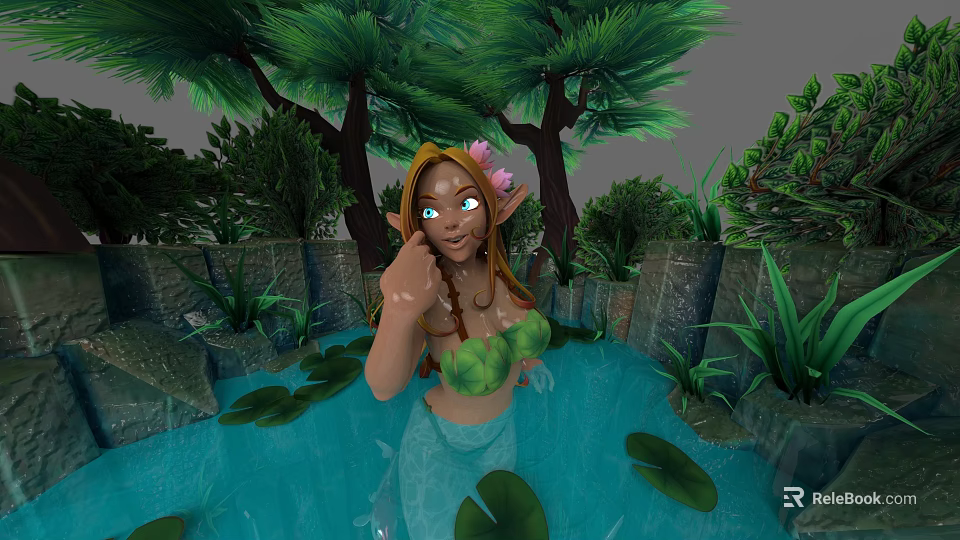 Elven Mermaid Character In Enchanted Forest Water Pool With Lush Plants And Lily Pads 3d model 
