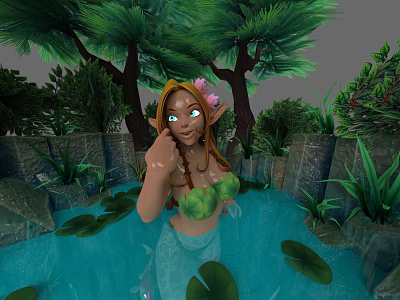 Elven Mermaid Character In Enchanted Forest Water Pool With Lush Plants And Lily Pads 3d model