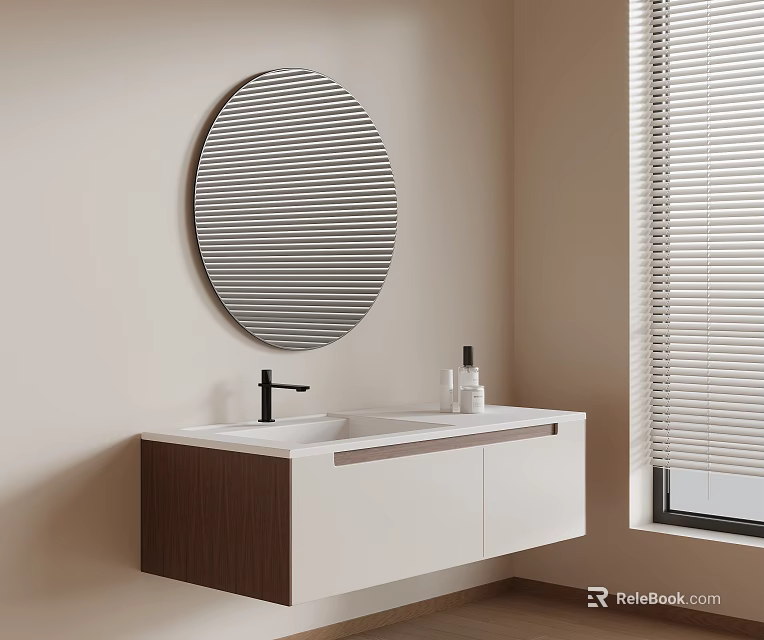Modern Bathroom Vanity With White And Wooden Cabinet Round Striped Mirror And Window Blinds 3d model 