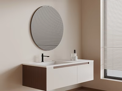 Modern Bathroom Vanity With White And Wooden Cabinet Round Striped Mirror And Window Blinds 3d model