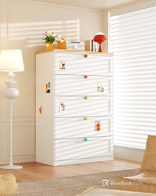 White Chest of Drawers With Colorful Knobs And Decorative Items On Top In Living Room 3d model 