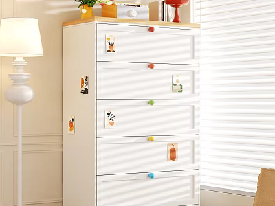 White Chest of Drawers With Colorful Knobs And Decorative Items On Top In Living Room 3d model