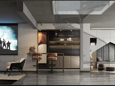 Modern Basement Interior Design With TV Bar Counter Seating And Stairs Elements 3d model