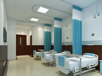 Modern Hospital Ward Interior With Blue Curtains White Walls Ceiling Lights And Patient Beds 3d model