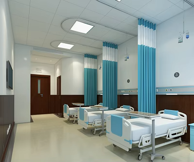 Modern Hospital Ward Interior With Blue Curtains White Walls Ceiling Lights And Patient Beds 3d model