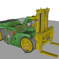 Green Industrial Forklift With Tall Mast Yellow Forks And Large Wheels