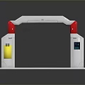 White Security Gate With Red Panels Yellow Black Warning Stripes Yellow Box And Blue Screen
