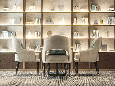 Comfortable Light Gray Accent Chairs With Green Cushions In Bookshelf Decorated Room 3d model