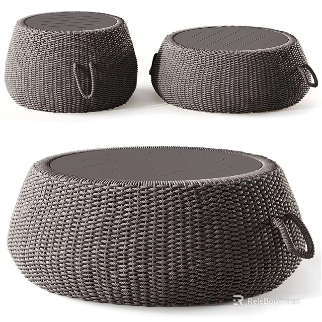 Dark Gray Woven Desk With Round Stools Featuring Handle And Textured Design 3d model 