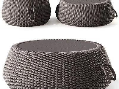 Dark Gray Woven Desk With Round Stools Featuring Handle And Textured Design 3d model