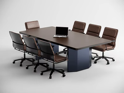 Modern Office Conference Table With Leather Chairs And Laptop On Top Surface 3d model