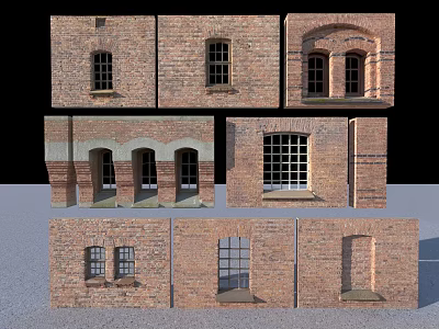 Brick Wall Sections With Various Window Designs And Architectural Details 3d model