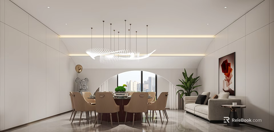 Modern Private Dining Room With Dining Table Chairs And Chandelier 3d model