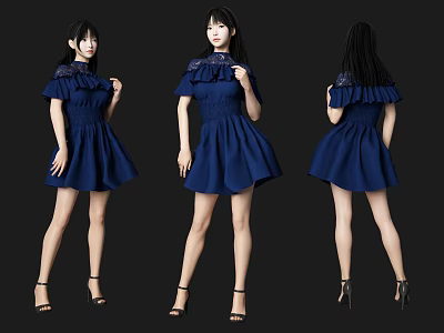 Woman Wearing Blue Dress With Lace Details And High Heels Three Angles View 3d model