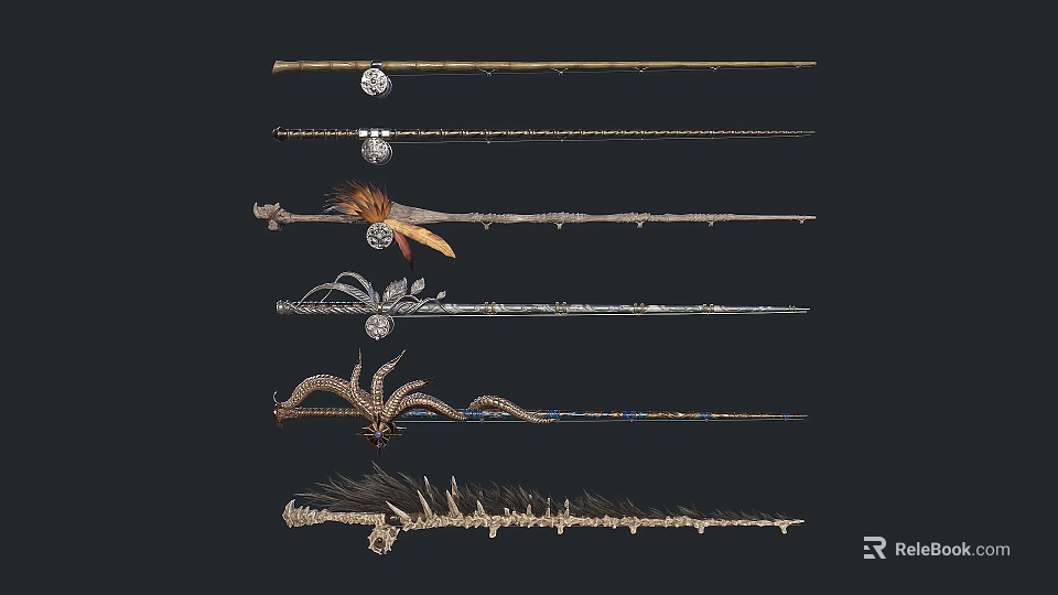 Intricate Magic Wands Collection With Ornate Carvings Feather Accents And Gemstone Details 3d model 
