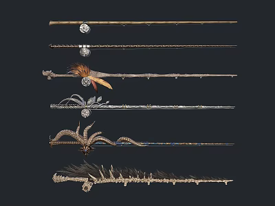 Intricate Magic Wands Collection With Ornate Carvings Feather Accents And Gemstone Details 3d model