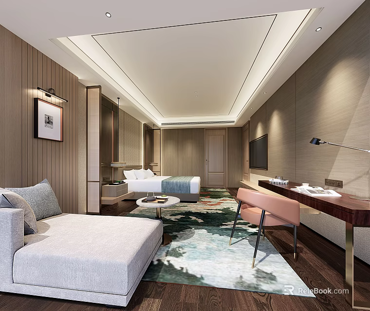 Modern Hotel Room Interior Featuring Comfortable Bed Sofa Wooden Wall And Carpet 3d model 