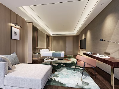 Modern Hotel Room Interior Featuring Comfortable Bed Sofa Wooden Wall And Carpet 3d model