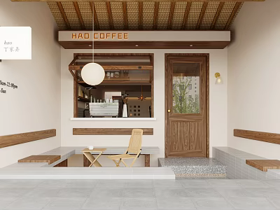 Natural Style Cafe Exterior Design With Wooden Door Outdoor Seating And Counter Display Shelves 3d model