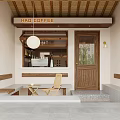 Natural Style Cafe Exterior Design With Wooden Door Outdoor Seating And Counter Display Shelves