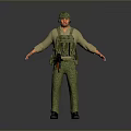 Woman in Camouflage Military Uniform With Helmet And Tactical Vest Standing Against Gray Background