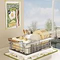 Kitchen Dish Drying Rack With Plates Toast Slices And Wooden Utensils Near Window