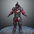 Armored Mythical Creature With Spiked Helmet Red Silver Armor Standing On Intricate Circular Platform