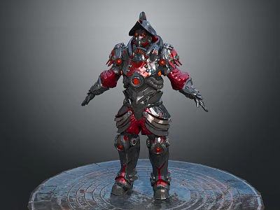 Armored Mythical Creature With Spiked Helmet Red Silver Armor Standing On Intricate Circular Platform 3d model