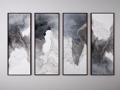 Four Panel Abstract Wall Art With Black White Gold Patterns For Modern Decor 3d model
