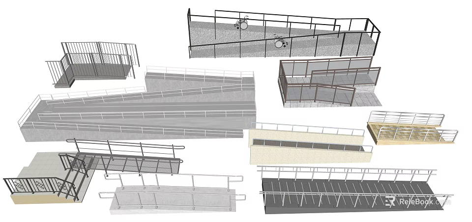 Road Infrastructure With Various Guardrails Ramps Steps And Structural Designs 3d model 