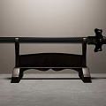 Traditional Sword With Black Blade Green And Gold Hilt On Wooden Stand With Carved Characters