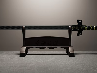 Traditional Sword With Black Blade Green And Gold Hilt On Wooden Stand With Carved Characters 3d model
