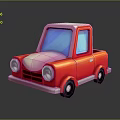 Red Cartoon Truck with Pink Roof Front and Blue Windows Black Wheels on Reflective Surface