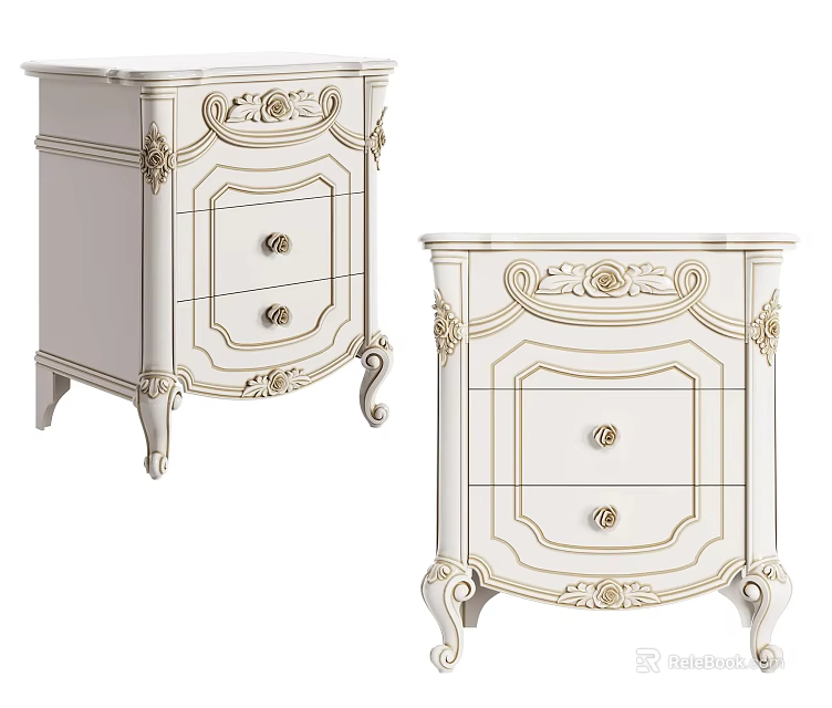 Ornate White European Style Bedside Tables With Gold Accents And Carved Details 3d model 