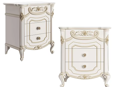 Ornate White European Style Bedside Tables With Gold Accents And Carved Details 3d model