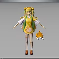 Cute Blonde Girl in Yellow Green Outfit With Patterned Backpack and Small Fox Plush