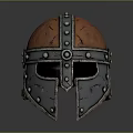 Medieval Warrior Helmet With Metal Leather Riveted Design And Scratched Surface