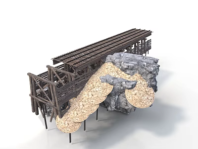Modern Wooden Platform Structure With Natural Rock Elements And Support Beams 3d model