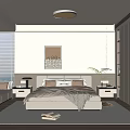 Modern Bedroom Interior With Comfortable Bed Artwork Wooden Floor And Blinds