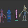 Four Blue Robot Characters With Various Designs Standing In A Row 3d model