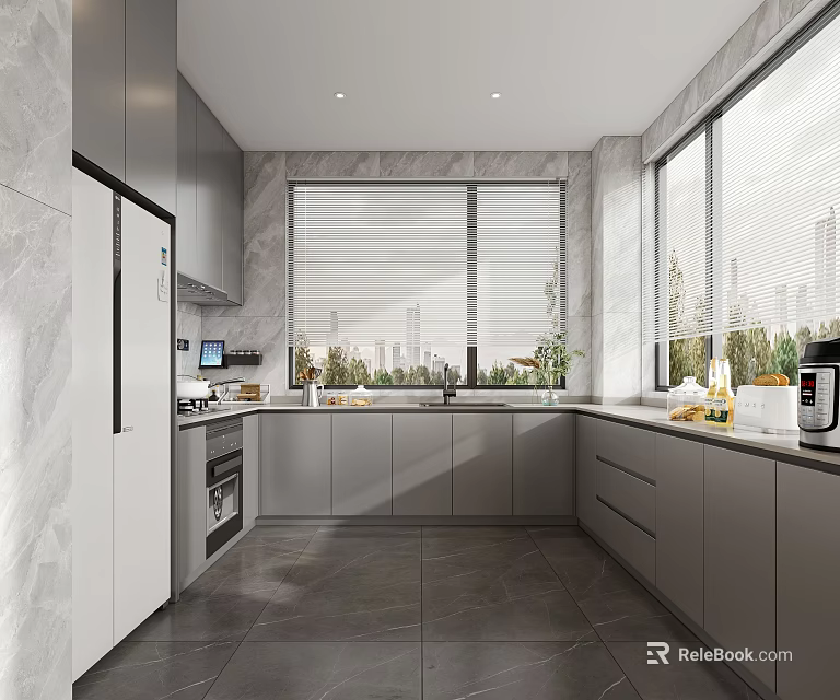 Modern Kitchen Interior Design With Large Windows Gray Cabinets And Marble Countertops 3d model