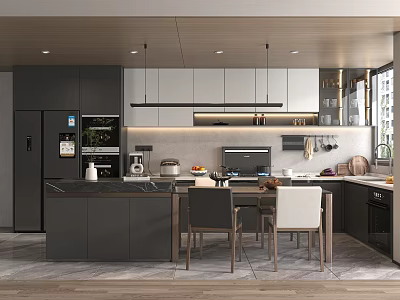 Modern Gray And White Kitchen Interior With Island Counter Cabinets And Appliances 3d model