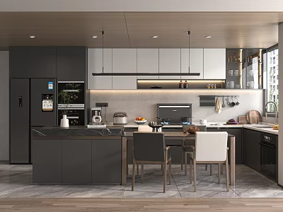Open kitchen island table and chair dining room cabinet chandelier 3d model