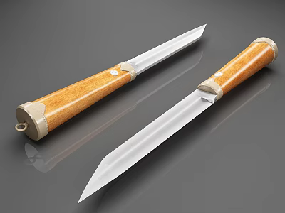 Traditional Handcrafted Knives With Wooden Handles And Sharp Metal Blades Including Sheath 3d model