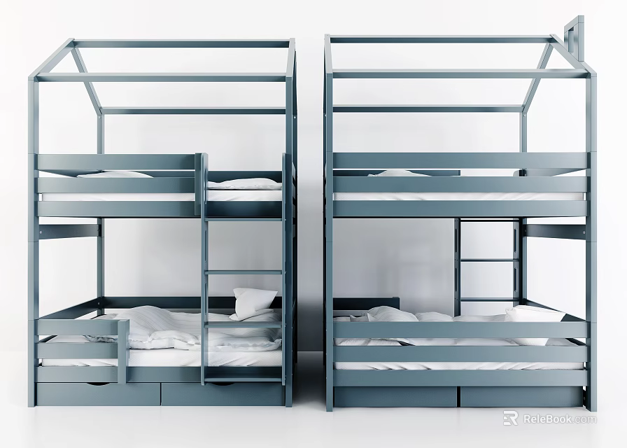 Modern Bunk Beds With House Shaped Frame Ladder And Storage Drawers Under Bottom Bed 3d model