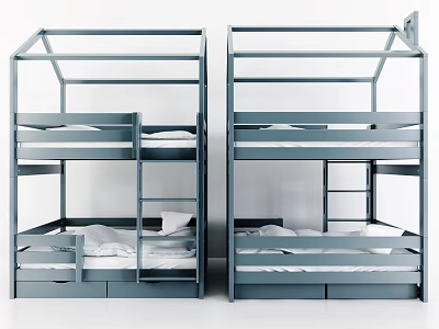 Modern Bunk Beds With House Shaped Frame Ladder And Storage Drawers Under Bottom Bed 3d model