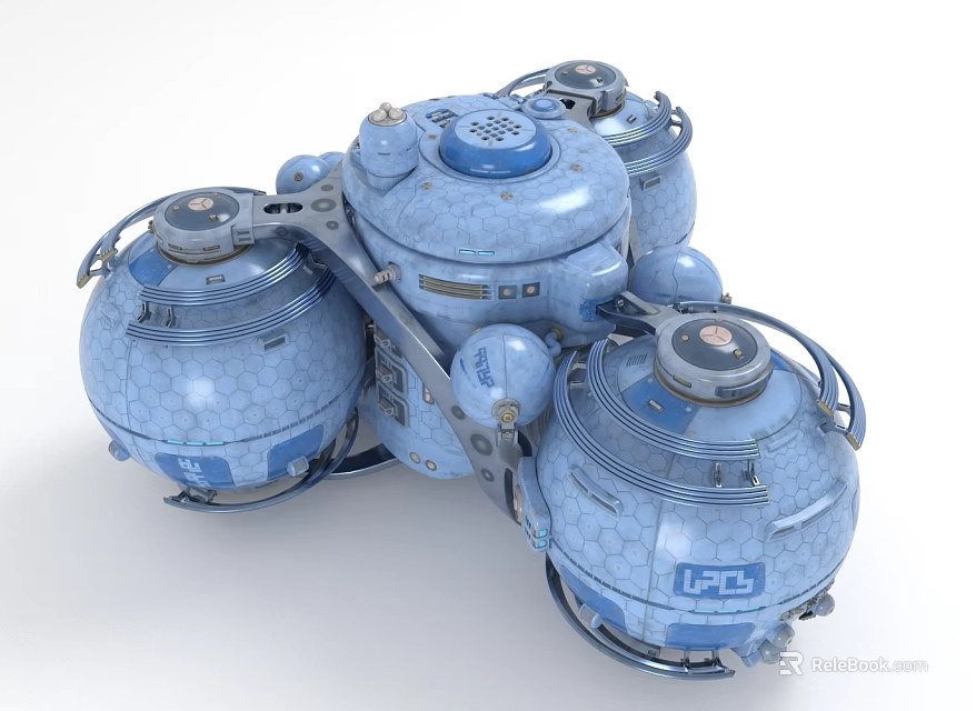 Cartoon Blue Mechanical Device with Multiple Round Tanks Hexagonal Texture Metal Brackets and Round Lids 3d model 