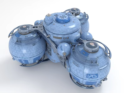 Cartoon Blue Mechanical Device with Multiple Round Tanks Hexagonal Texture Metal Brackets and Round Lids 3d model