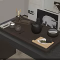 Traditional Chinese Tea Set with Wooden Tray on Tea Table Featuring Ceramic Teapot and Teacups