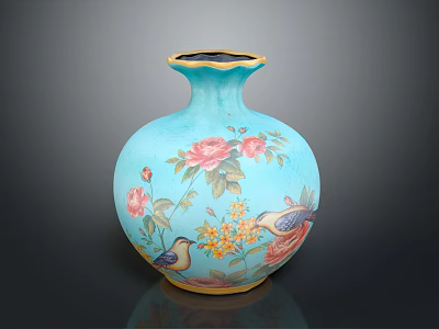 Elegant Turquoise Vase With Painted Floral Patterns And Colorful Birds Design 3d model